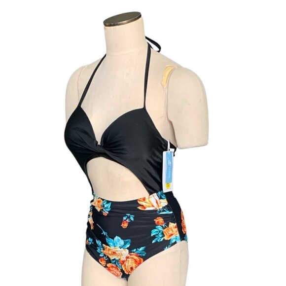 NWT Black Floral Print Halter One Piece Swimsuit Sz S #102D - Picture 4 of 12
